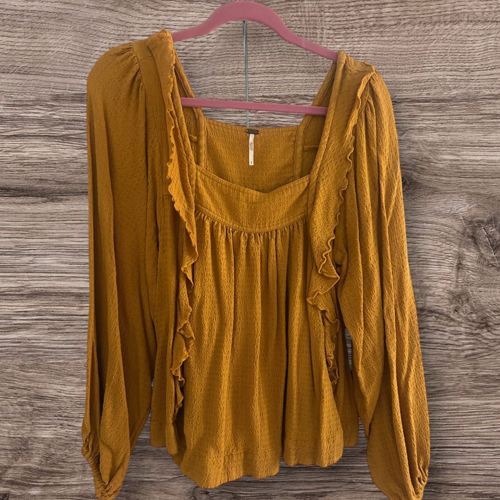 Free People Mustard Ruffle Long Sleeve Top
